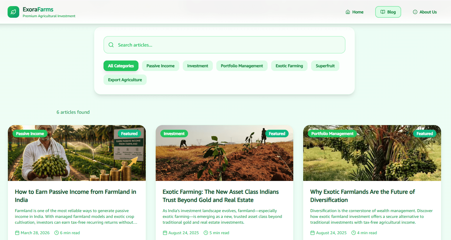 Exora Farms — mobile homepage